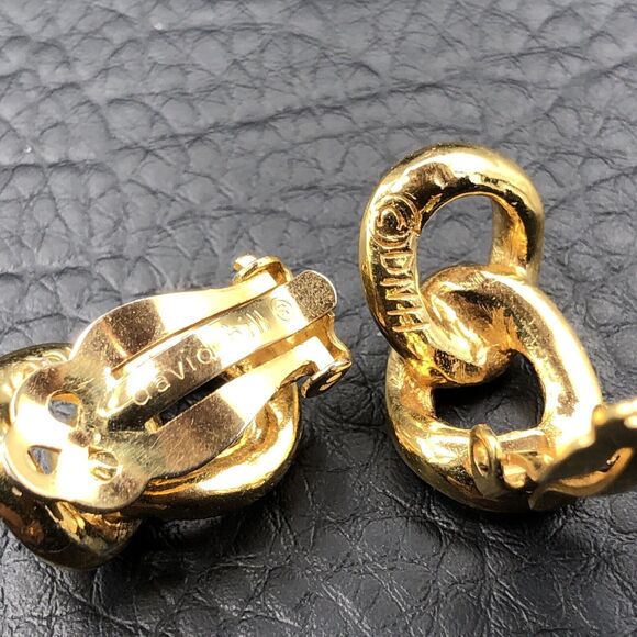Vintage David Hill Earrings Double Link 1980s Gold Tone Clip On Half Hoop - Picture 5 of 9